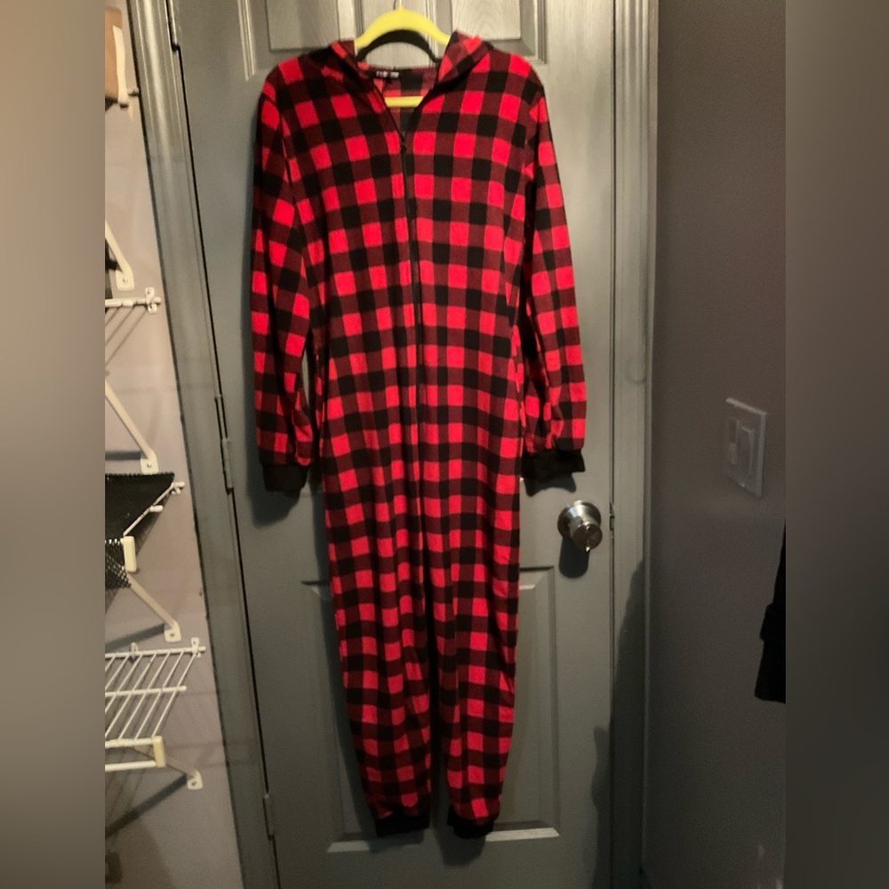 #follow me small hooded, footless, red buffalo plaid jammies